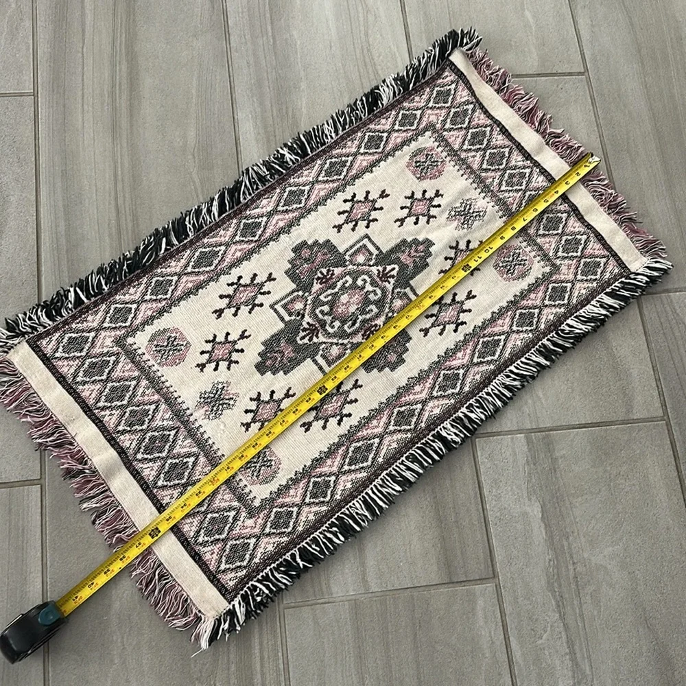 Vintage geometric pattern cotton Woven Textile Table runner/rug w/ fringe trim